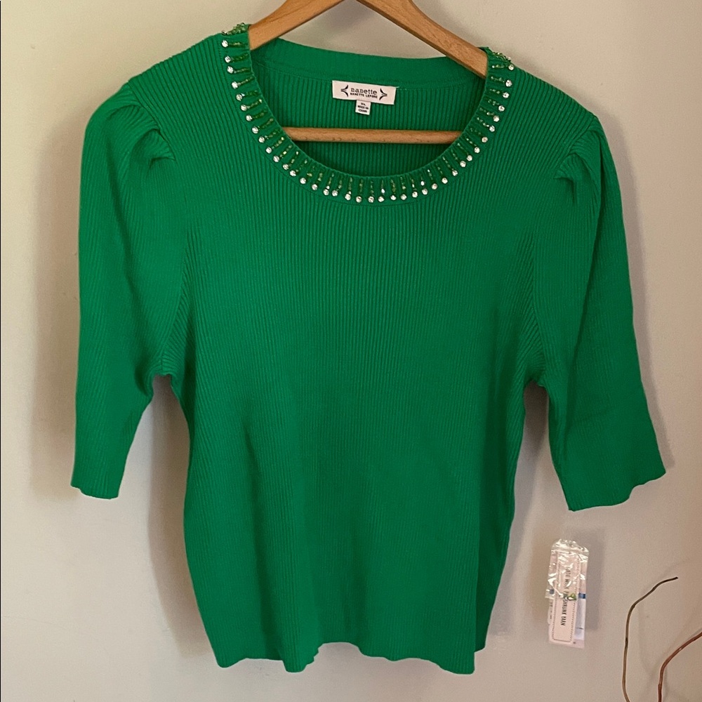 Nanette Lepore Emerald Ribbed Jewel-Trim Sweater